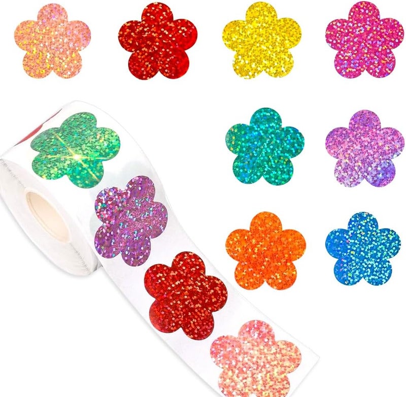 RUPOFUZA 500Pcs Spring Vinyl Floral Stickers Roll 1in Glitter Stickers 8 Colors Flower Label Tag Self-Adhesive Classroom Reward Waterproof Decals for Envelope Bottle Birthday Party Decor - Image 1